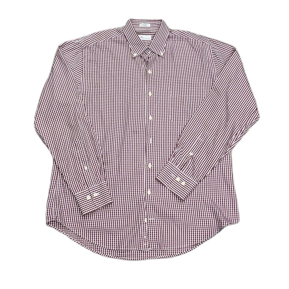 Peter Millar Cotton Silk Button Up Shirt Mens L Brick Red White Check Plaid